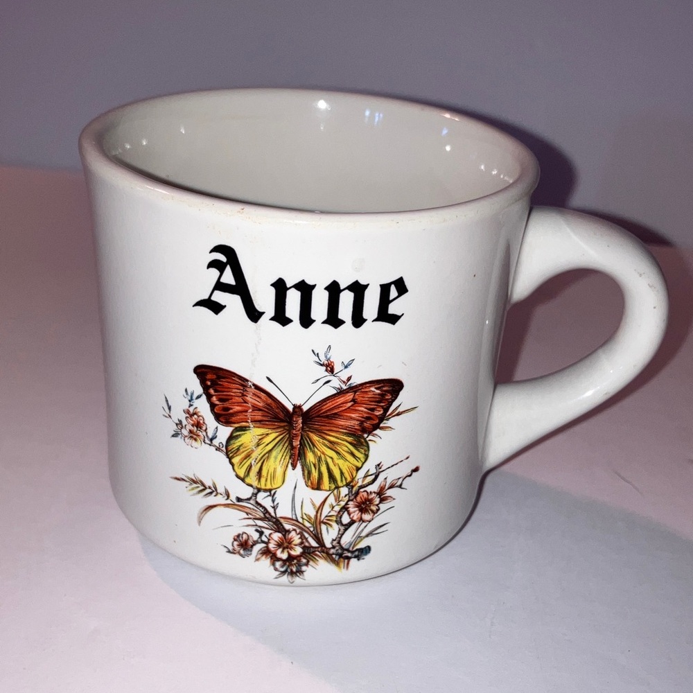 Vintage Butterfly Design White Mug with “Anne” Inscribed